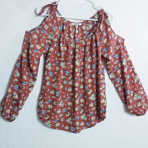 JNCO Cold-Shoulder Blouse Medium Floral Red Long Sleeve Romantic Festival